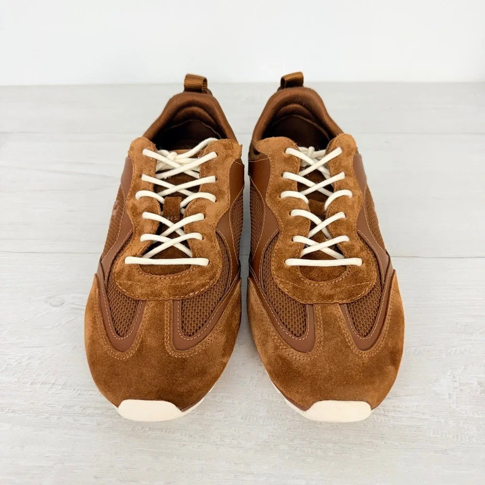 Tory Burch Field Sneakers Womens 8.5 Brown Leather Suede Lace Up Comfort Chic
